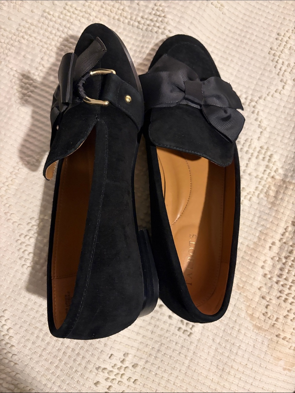 Talbots Black Suede Bow Loafers with Gold Accent